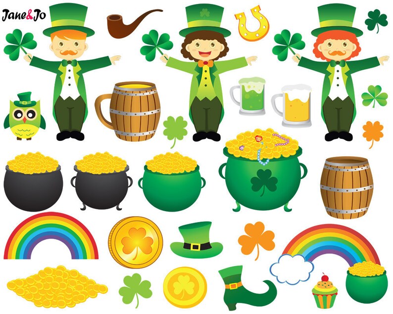 Op de afbeelding: Een set St. Patrick's Day-clipart met kabouters, potten goud, klavertjesvier, regenbogen en andere feestelijke elementen.