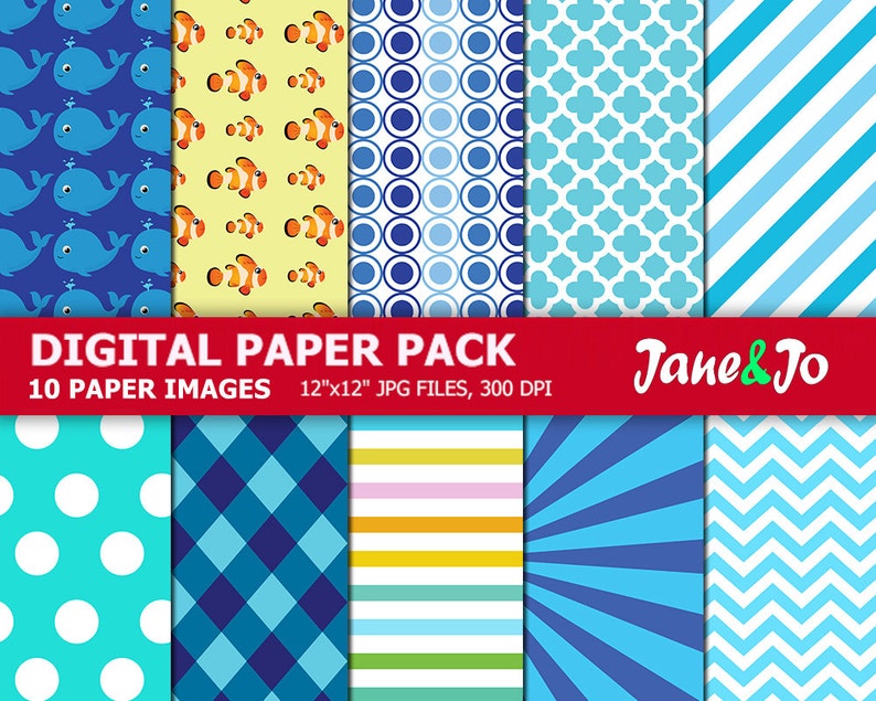 May include: A digital paper pack featuring 10 different patterns in blue, white and yellow. The patterns include whales, fish, polka dots, stripes and geometric designs. The pack contains 12" x 12" JPG files at 300 DPI. DIGITAL PAPER PACK 10 PAPER IMAGES 12"x12" JPG FILES, 300 DPI Jane&Jo
