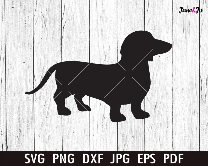 Może przedstawiać: Czarna sylwetka psa rasy dachshund stojącego na białym drewnianym tle.