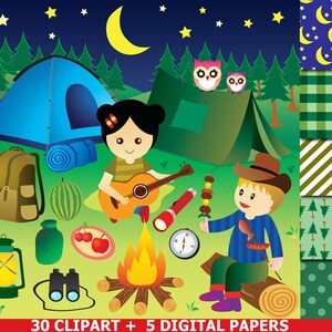Camping Clipart , Camping Party Clipart ,Glamping Camp Clip art, Camp out Clipart Digital Paper , tent clipart , summer camp Clipart forest