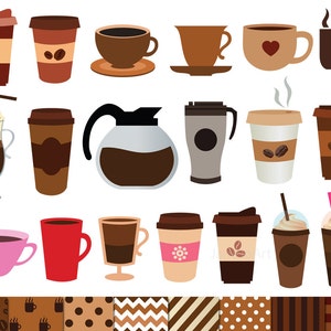 以下が含まれることがあります： コーヒーをテーマにした16のイラストのセット。マグカップ、カップ、テイクアウトカップ、コーヒーポット、コーヒー用クリーム入れなどが含まれています。イラストはカートゥーンスタイルで、茶色、赤、ピンク、白など様々な色を使用しています。