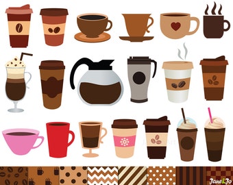 40 imágenes prediseñadas de café y 8 papeles digitales, clip de café, taza de café clipart, espresso, latte, tazas, descanso de café, tiempo de café, café helado, cafetera