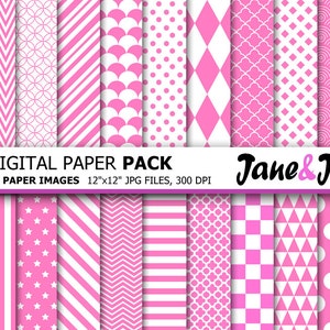 Carta digitale rosa, rosa e bianco, gallone, pois dot, modello strisce, pacchetto di carte digitali di sfondo digitale rosa festa, download istantaneo