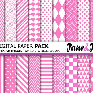 Pink Digital Paper , Pink and White,Chevron,Polka Dot,Stripes Pattern,Party Pink Digital Background Digital Papers Pack,Instant Download