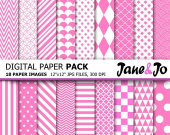 Pink Digital Paper , Pink and White,Chevron,Polka Dot,Stripes Pattern,Party Pink Digital Background Digital Papers Pack,Instant Download