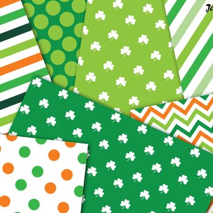 Op de afbeelding: Een set van acht digitale papierpatronen met verschillende groene en oranje ontwerpen. De patronen omvatten strepen, stippen, klavertjesvier en zigzag.