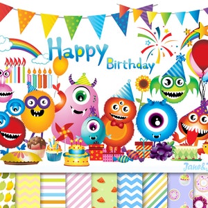 90 Happy Birthday Cliparts 9 Digital Papers,monster Birthday Cliparts ...