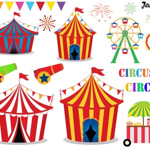 Op de afbeelding: Een set kleurrijke circus-clipart afbeeldingen, waaronder een rood-wit gestreepte tent, een reuzenrad, een kanon en de woorden "CIRCUS" in regenboogkleuren.