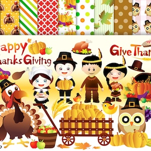 May include: A Thanksgiving themed digital paper pack with illustrations of turkeys, pilgrims, pumpkins, cornucopias, and fall leaves. The text "Happy Thanksgiving" and "Give Thanks" is included in the design.
