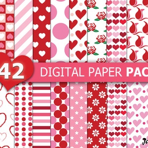 42 papeles digitales de San Valentín, papel digital del corazón, papel digital de corazón y San Valentín, fondo de San Valentín, papel digital de San Valentín rojo y rosa