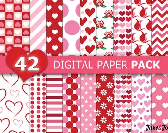 May include: A digital paper pack with 42 different patterns featuring hearts, roses, polka dots, stripes, and other designs in red and pink on a white background.