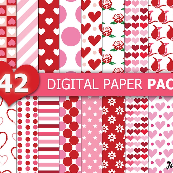 42 Valentine Digital Papers,Heart Digital Paper,Heart and Valentine Digital Papers,Valentine background,Red and Pink Valentine digital paper