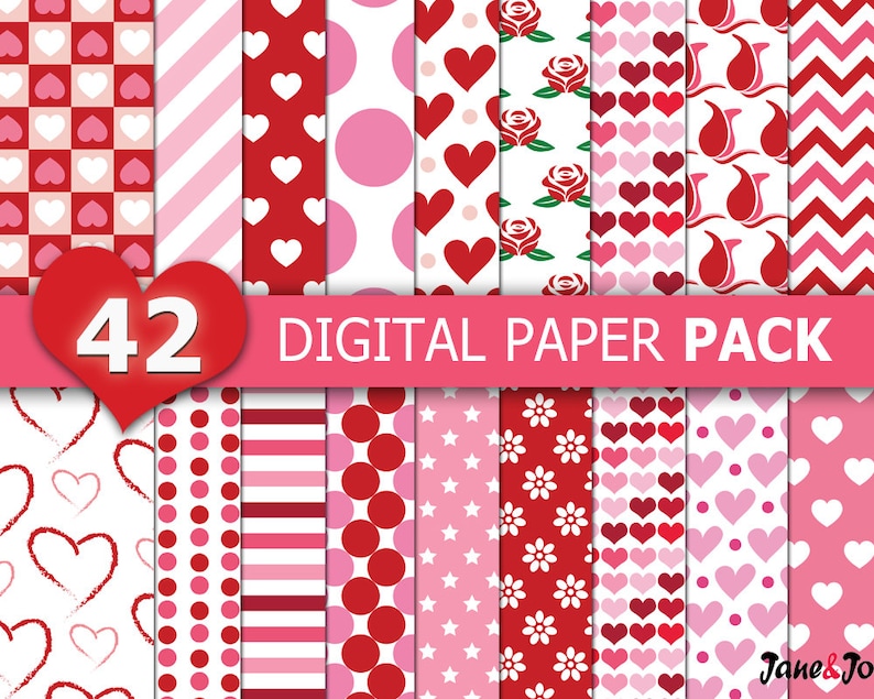 42 Valentine Digital Papers,Heart Digital Paper,Heart and Valentine Digital Papers,Valentine background,Red and Pink Valentine digital paper 