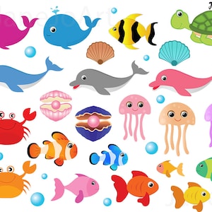 May include: A set of colourful cartoon sea creatures, including a pink, blue, and grey whale, a yellow and black fish, a green turtle, a pink, grey, and orange dolphin, a red crab, a pink, blue, and orange jellyfish, a clownfish, a blue and white fish, a pink fish, an orange fish, a yellow fish, and a green fish. The set also includes two seashells with pearls.