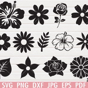 Pode incluir: Um conjunto de 12 arquivos de corte SVG de flores e folhas em preto e branco. As flores incluem hibisco, rosas, margaridas e outros desenhos florais. O conjunto tamb&eacute;m inclui um desenho de folha.