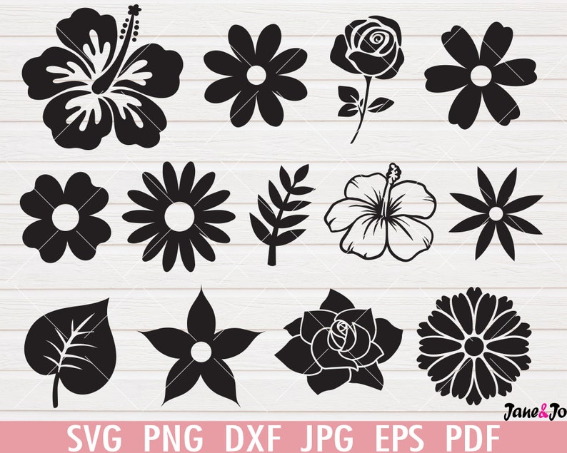Pode incluir: Um conjunto de 12 arquivos de corte SVG de flores e folhas em preto e branco. As flores incluem hibisco, rosas, margaridas e outros desenhos florais. O conjunto tamb&eacute;m inclui um desenho de folha.