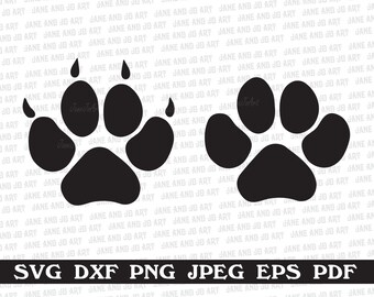 May include: Black and white silhouette of two paw prints. The paw prints are facing each other and are in the center of the image.