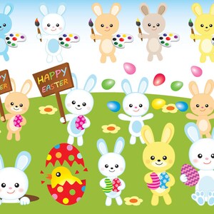 K&ouml;nnte beinhalten: Ein Set mit 12 Osterhasen-Illustrationen, die Hasen zeigen, die Pinsel, Farbpaletten und Ostereier halten. Einige Hasen halten Schilder mit der Aufschrift "Frohe Ostern".