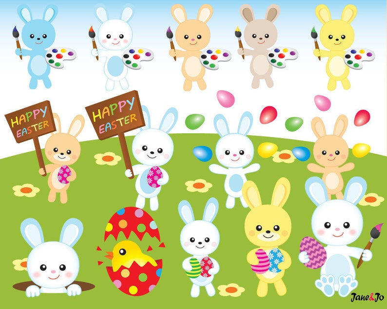 K&ouml;nnte beinhalten: Ein Set mit 12 Osterhasen-Illustrationen, die Hasen zeigen, die Pinsel, Farbpaletten und Ostereier halten. Einige Hasen halten Schilder mit der Aufschrift "Frohe Ostern".