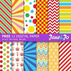 Op de afbeelding: Twaalf digitale papieren met circus thema's. De papieren bevatten verschillende patronen, waaronder strepen, stippen, ruitjes, zigzag en zonnestralen. De kleuren zijn rood, geel, blauw, groen en wit. De tekst "FREE 12 DIGITAL PAPER" en "12"x12" JPG FILES, 300 DPI" staat bovenaan de afbeelding. De tekst "Jane&Jo" staat onderaan de afbeelding.