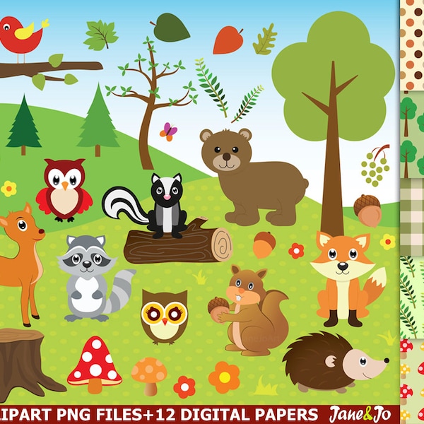 60 Woodland clipart, Woodland clip art,Woodland animals, fox,rabbit,squirrel,acorn,skunk,bear,deer,owl clipart Woodland images,woodland art