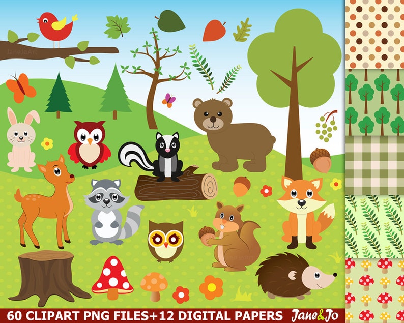 60 Woodland clipart, Woodland clip art,Woodland animals, fox,rabbit,squirrel,acorn,skunk,bear,deer,owl clipart Woodland images,woodland art image 1