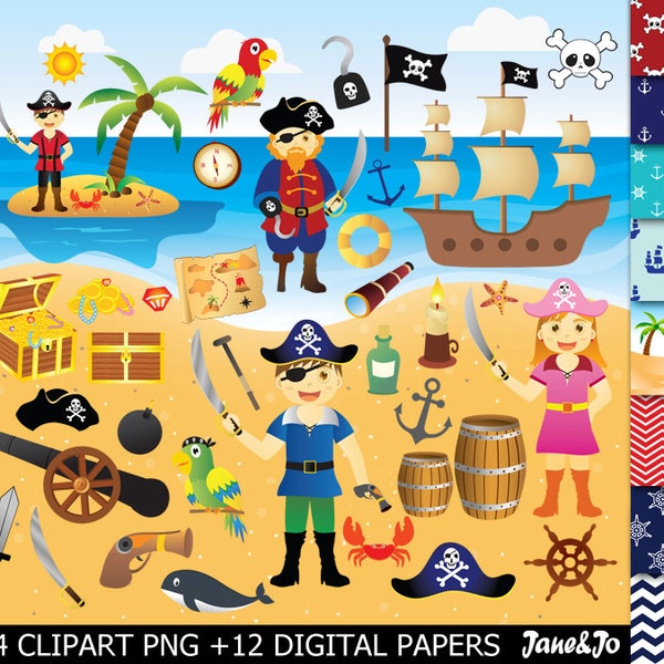 54 Pirate clipart + 12 Digital Papers, Pirate clip art , Pirate ship clipart , Treasure Nautical Anchor Flag Pirates clipart Pirate graphics