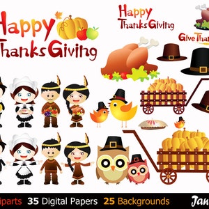 May include: A set of Thanksgiving clip art featuring cartoon pilgrims, turkeys, pumpkins, and other Thanksgiving-themed images. The text "Happy Thanks Giving" appears twice in the image. The text "Give Thanks" also appears in the image.