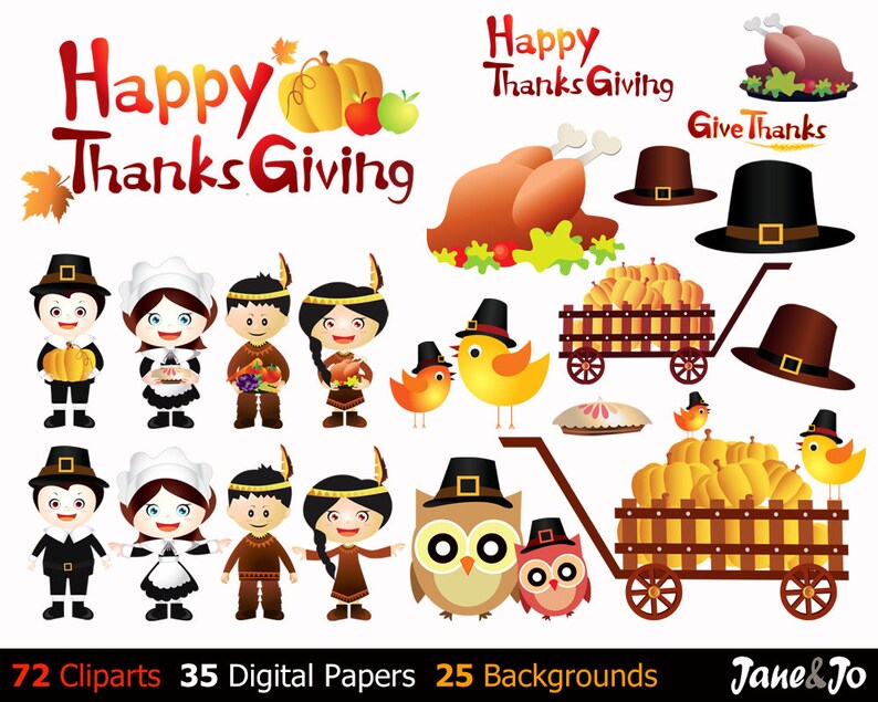 May include: A set of Thanksgiving clip art featuring cartoon pilgrims, turkeys, pumpkins, and other Thanksgiving-themed images. The text "Happy Thanks Giving" appears twice in the image. The text "Give Thanks" also appears in the image.