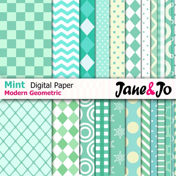24 Mint Digital Papers,MINT Green Modern Pattern Digital Paper Pack, chevron,polkadots,stripes,hearts paper,scrapbook,Instant Download Paper