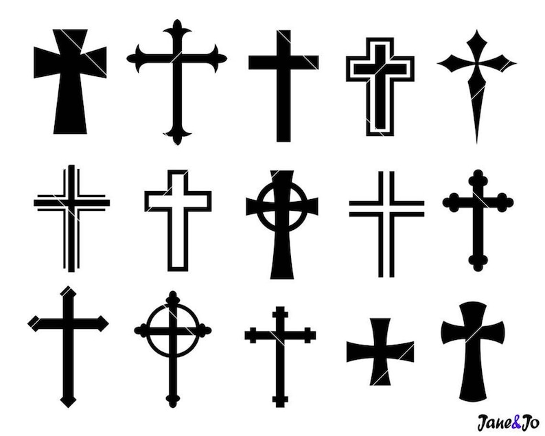 May include: A collection of 15 black and white cross designs. The crosses are in various styles, including simple, ornate, and Celtic.