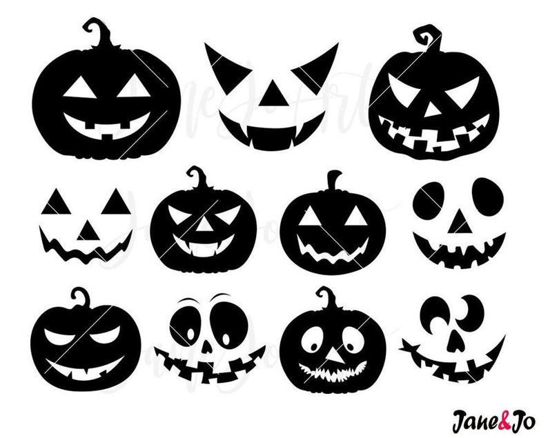 May include: A set of ten black and white Halloween pumpkin silhouette designs. The pumpkins have different facial expressions, including smiling, frowning, and surprised.
