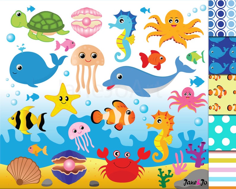 May include: A colourful set of sea creature illustrations, including a turtle, jellyfish, dolphin, starfish, seahorse, crab, octopus, and fish. The illustrations are set against a blue ocean background with waves and bubbles.