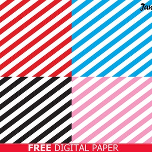 May include: Four digital paper patterns with diagonal stripes. The patterns are red and white, blue and white, black and white, and pink and white.