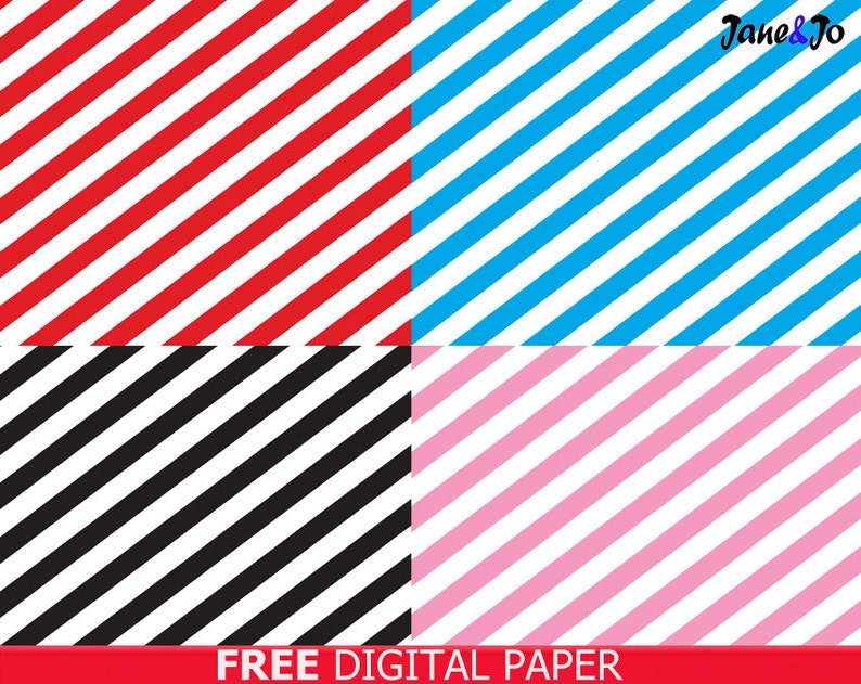 May include: Four digital paper patterns with diagonal stripes. The patterns are red and white, blue and white, black and white, and pink and white.