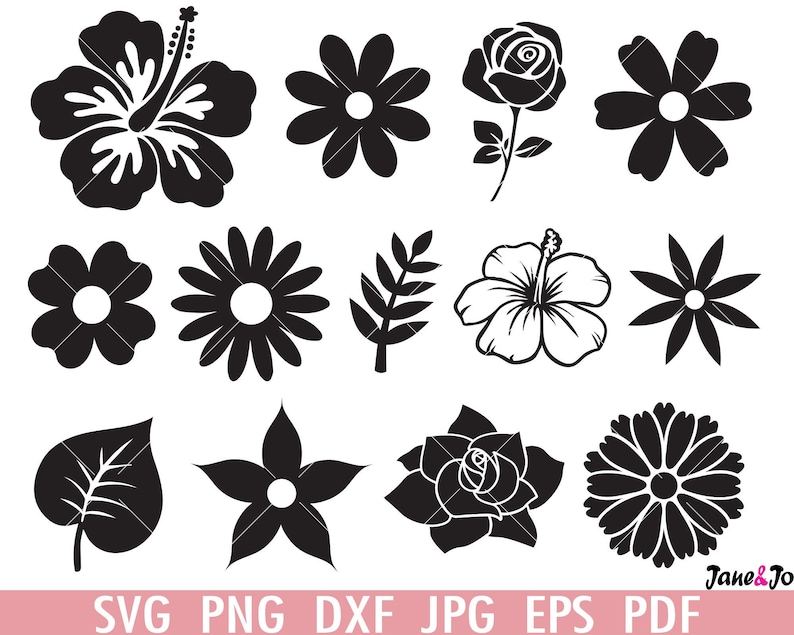 Pode incluir: Um conjunto de 12 arquivos de corte SVG de flores e folhas em preto e branco. As flores incluem um hibisco, uma rosa, uma margarida e uma flor simples de cinco p&eacute;talas. As folhas s&atilde;o uma folha simples e uma samambaia.