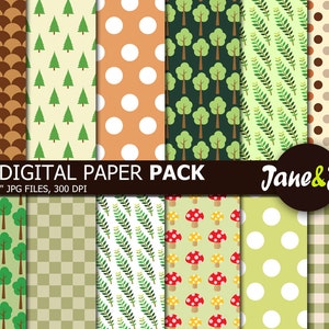 May include: A set of 12 digital paper patterns featuring various woodland themes. The patterns include green trees, brown and white polka dots, green leaves, and red and yellow mushrooms on a green background. The papers are 12 inches by 12 inches and 300 DPI.