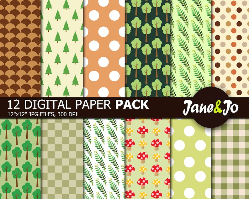 May include: A set of 12 digital paper patterns featuring various woodland themes. The patterns include green trees, brown and white polka dots, green leaves, and red and yellow mushrooms on a green background. The papers are 12 inches by 12 inches and 300 DPI.