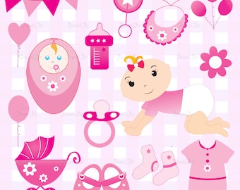 Baby girl clip art, Baby Shower Clipart, Pink Clip Art, Girl Baby Shower clipart, sweet girl baby shower, Instant Download, pink baby girls