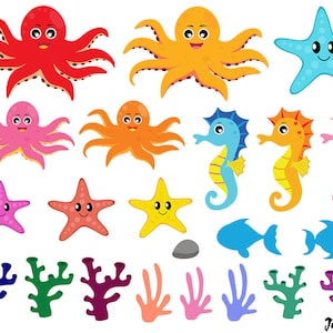 May include: A set of colourful sea creature illustrations, including octopuses, starfish, seahorses, and coral. The illustrations are perfect for use in children's books, crafts, or educational materials.