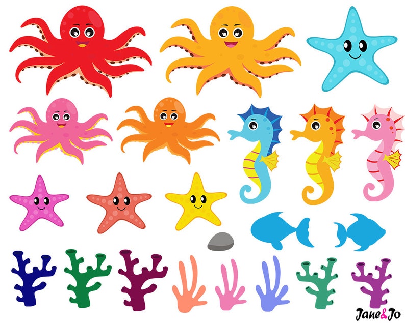 May include: A set of colourful sea creature illustrations, including octopuses, starfish, seahorses, and coral. The illustrations are perfect for use in children's books, crafts, or educational materials.
