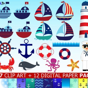 37 Nautical ClipArt &12 Nautical digital paper-sailor,whales,octopus,ship wheel,starfish,crabs,Ring buoys,sailboats,wave,lighthouses,anchors