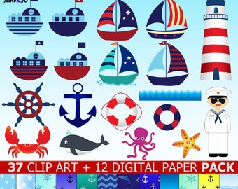 37 Nautical ClipArt &12 Nautical digital paper-sailor,whales,octopus,ship wheel,starfish,crabs,Ring buoys,sailboats,wave,lighthouses,anchors