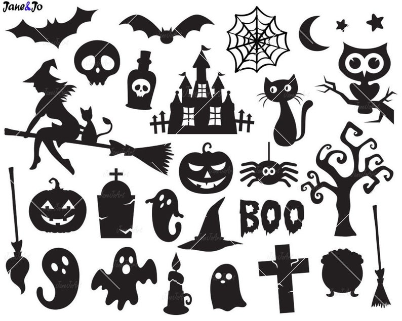 Puede incluir: Conjunto de im&aacute;genes predise&ntilde;adas de Halloween en blanco y negro con una bruja, un fantasma, una calabaza, una ara&ntilde;a, un murci&eacute;lago, un castillo, un caldero, un &aacute;rbol, una telara&ntilde;a, un gato, un b&uacute;ho, una cruz, una escoba, un sombrero y la palabra "BOO".