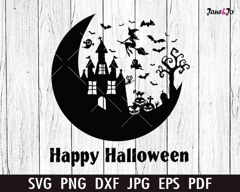 May include: Black and white silhouette of a haunted house, a witch flying on a broomstick, bats, a ghost, an owl, and a graveyard inside a crescent moon. The text "Happy Halloween" is below the image.