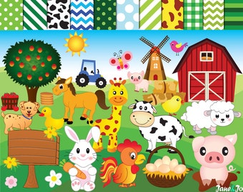 50% OFF SALE Farm animals,Farm animal Clipart,Farm Clipart barn horse pig cow truck sheep duck bird giraffe chicken clipart animals windmill
