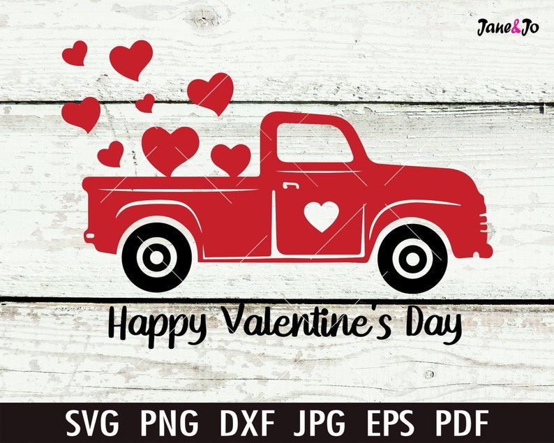 Alla hjärtans dag SVG, Glad alla hjärtans dag SVG klippfil Svg, Alla hjärtans dag röd lastbil Svg, Vektor Clipart Dxf Silhouette cameo CriCut-filer, Lastbil SVG Png bild 1