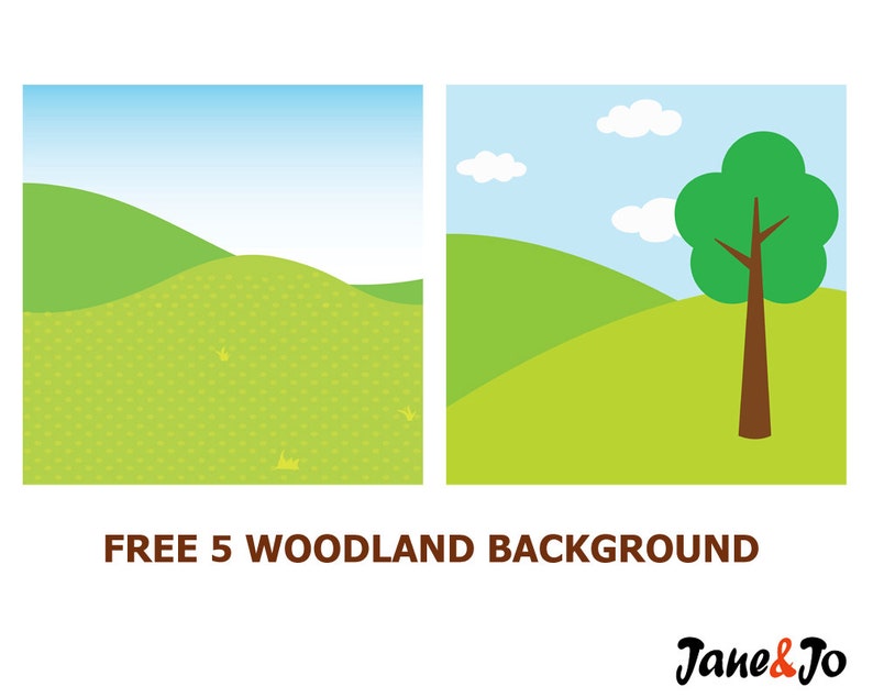May include: Two cartoon illustrations of green hills with a blue sky and white clouds. The first image has a single hill with a dotted pattern. The second image has a hill with a tree in the background. The text "FREE 5 WOODLAND BACKGROUND" is at the bottom of the image.