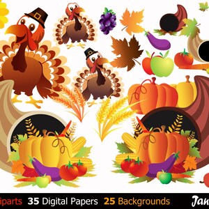 May include: A collection of Thanksgiving clipart featuring turkeys, pumpkins, corn, leaves, and other fall harvest elements. The clipart is perfect for creating invitations, cards, and other crafts.