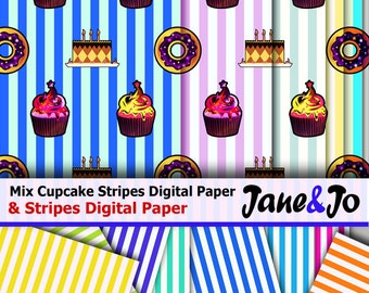 Cupcake Donut Stripes Digital Paper,Birthday Party Bright Colors Sweets Scrapbook papers,Rainbow Candy Neon Background,Food Desserts Pattern